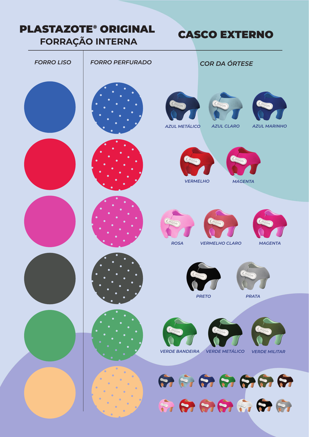 Catálogo visual de cores para o forro interno e o casco externo da órtese C.moon